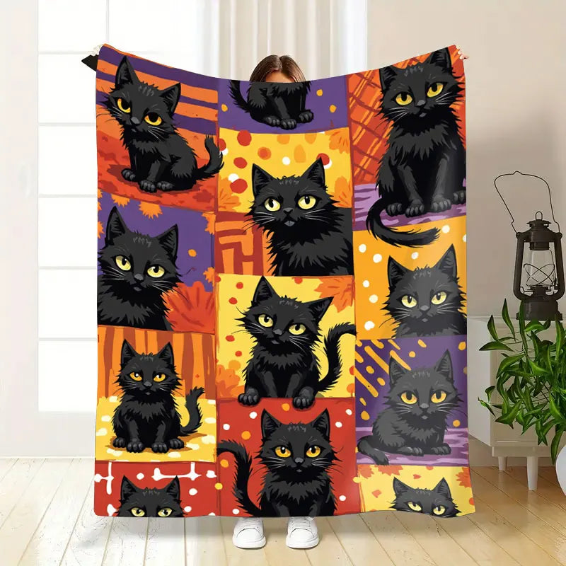 1pc Flannel Blanket Cozy Halloween Black Cat Blanket with Autumn Leaves Pattern for Home Decor
