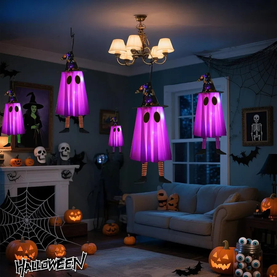 6P Lights Up Hanging Ghosts Halloween Decorations Outdoor Purple Orange Timer IP65 Waterproof Battery Operated Halloween Lights