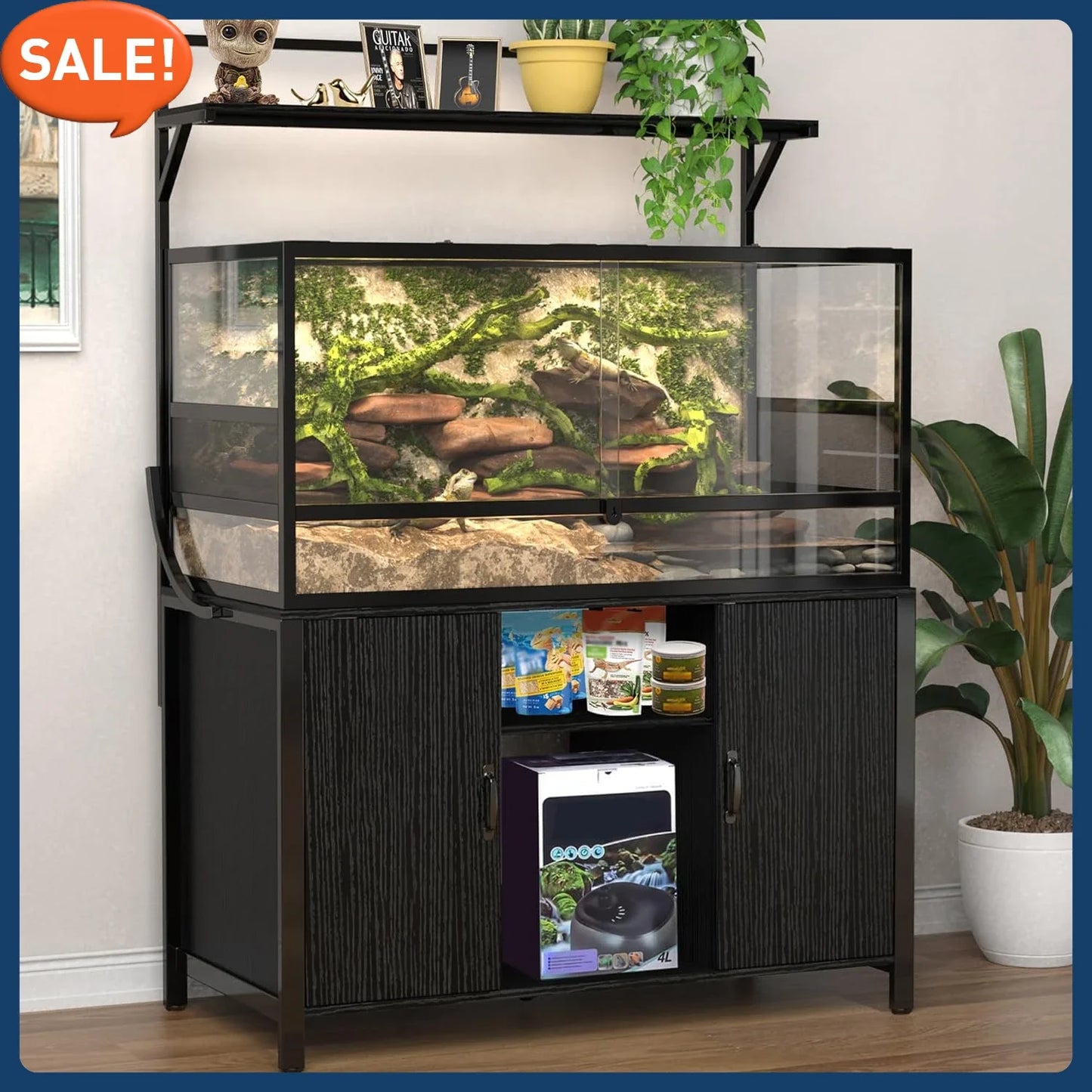 Reptile Tank Stand with Storage Cabinet – 48" x 24" Terrarium Tabletop for Up to 120 Gallon Bearded Dragon & Accessories