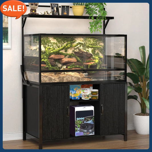 Reptile Tank Stand with Storage Cabinet – 48" x 24" Terrarium Tabletop for Up to 120 Gallon Bearded Dragon & Accessories