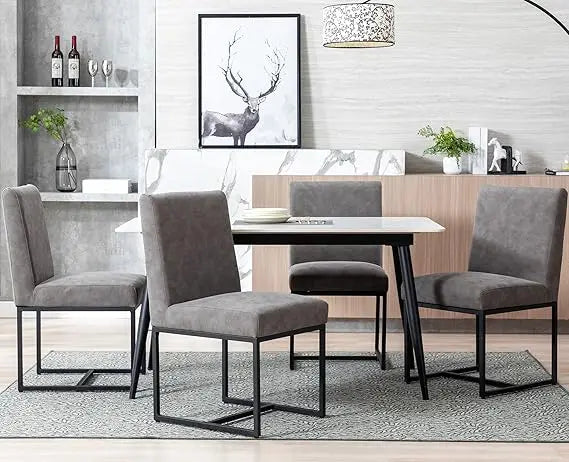 Faux Leather Upholstered Dining Chairs – Mid Century Modern Padded Kitchen Chairs with Black Metal Frame & Adjustable Foot Pads