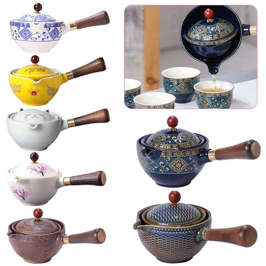 Portable Chinese Gong Fu Tea Set – 360° Rotating Semi-Automatic Ceramic Teapot with Infuser, Compact Teaware for Home, Office & Travel