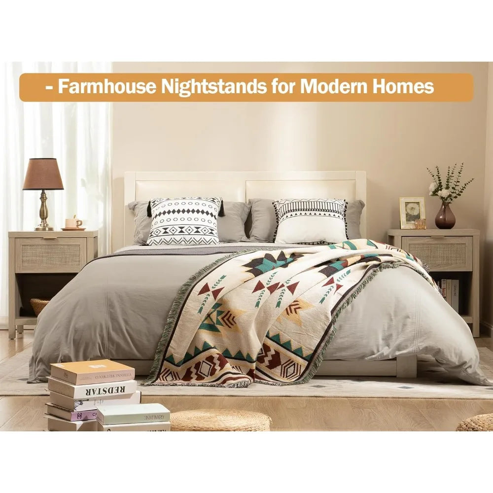 Rattan Nightstands Set of 2 – Farmhouse Bedside Tables with Drawer & Storage Shelf, Boho Chic End Tables with Wood Frame