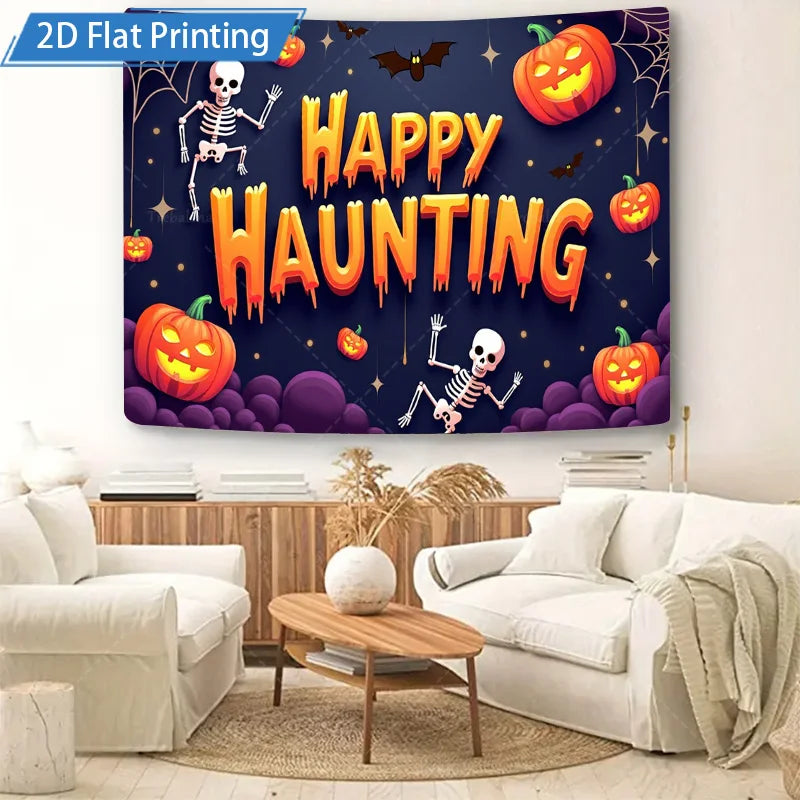 Halloween Wall Tapestry – Happy Haunting Pumpkin & Skeleton Design, Spooky Seasonal Décor for Home, Bedroom, or Party