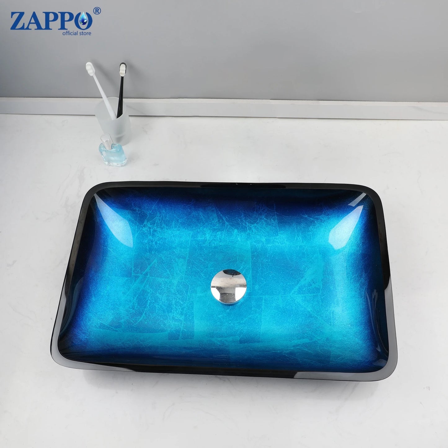 ZAPPO Blue Tempered Glass Bathroom Vessel Sink with Waterfall Black Faucet – Oval Above-Counter Basin Set