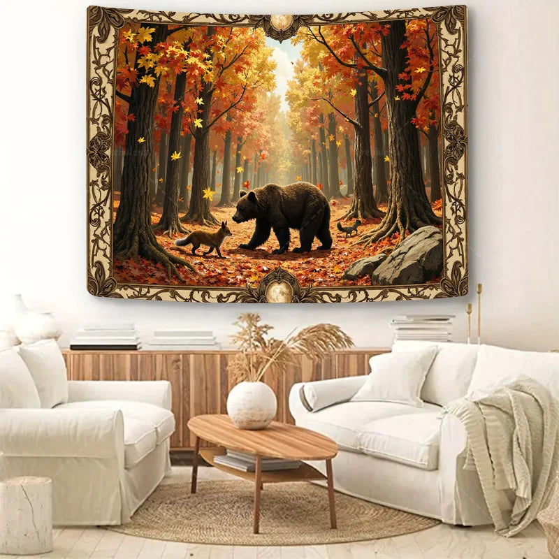 Autumn Forest Wall Tapestry – Bear & Fox Rustic Nature Wall Art for Living Room, Bedroom, Dorm, or Home