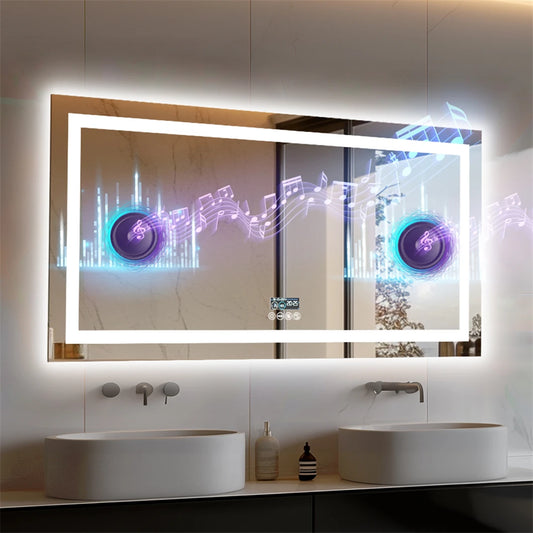 XXL Smart LED Bathroom Vanity Mirror – Wall Mounted with Bluetooth Speaker, Digital Display, Anti-Fog, Dual Front & Back Lighting for Home, Hotel, or Hallway