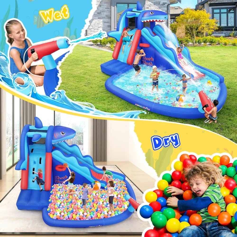 Inflatable Shark Blast Water Bounce House with Slide – Outdoor Backyard Water Slide Play Center for Kids Ages 3–12