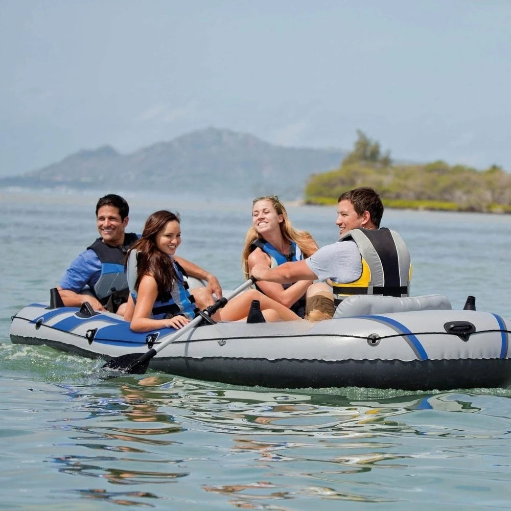 Excursion 5-Person Inflatable Boat Set – Includes 2 Aluminum Oars, High-Output Pump, 12V Transom Trolling Motor Mount Kit for Fishing & Recreation
