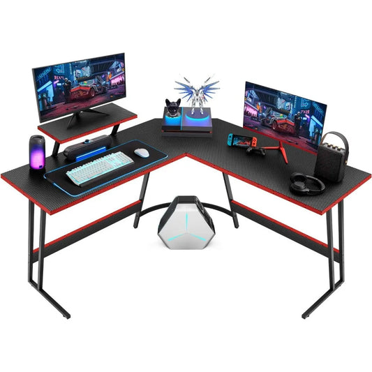 L-Shaped Gaming Desk with Monitor Riser – Sturdy Corner Computer Desk for Home Office & PC Gaming Setup, Space-Saving Writing Table