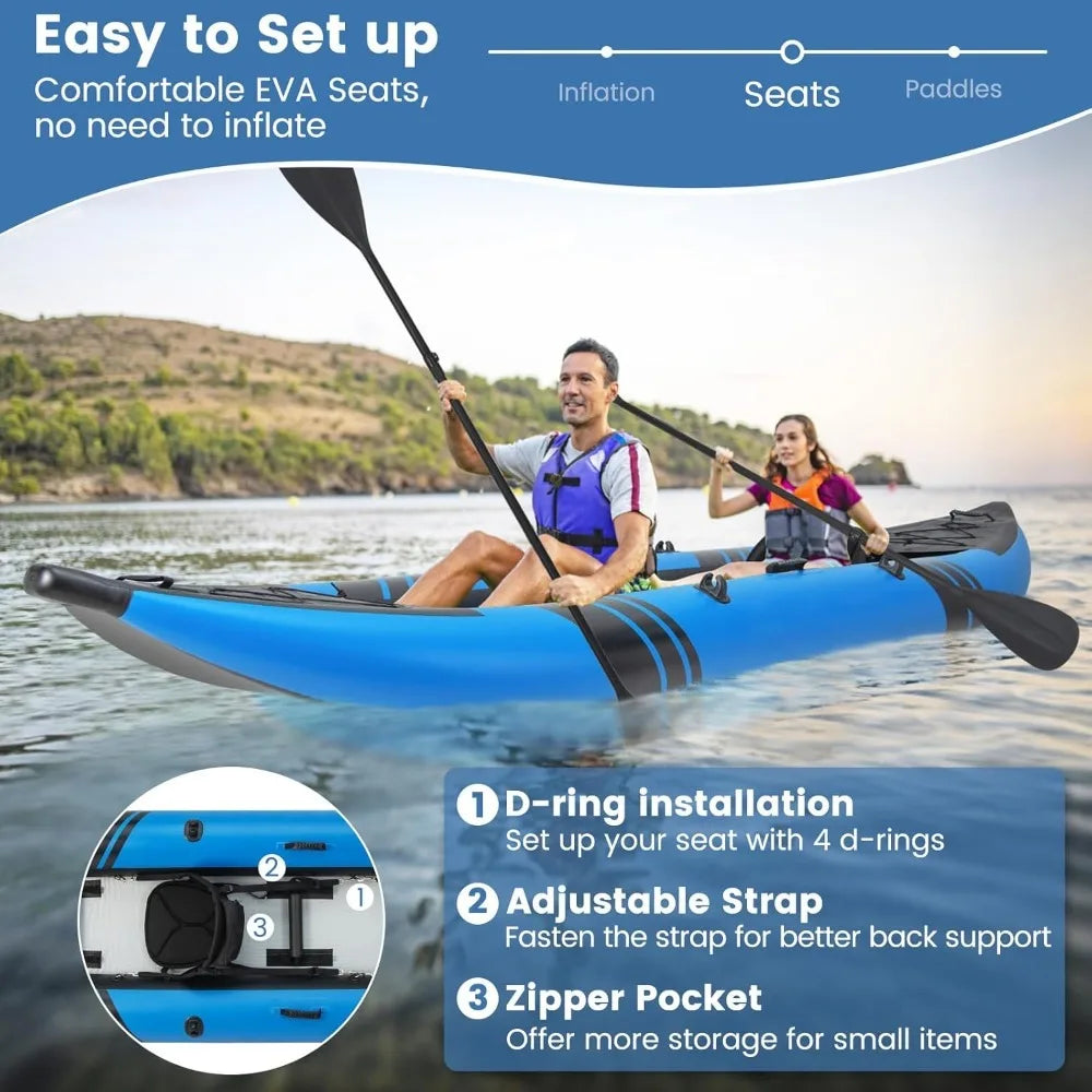 12.5FT Inflatable 2-Person Kayak Canoe – Heavy-Duty Drop-Stitch Floor, 507 lbs Capacity, Adjustable Seats, Paddles, Pump & Carry Bag Included