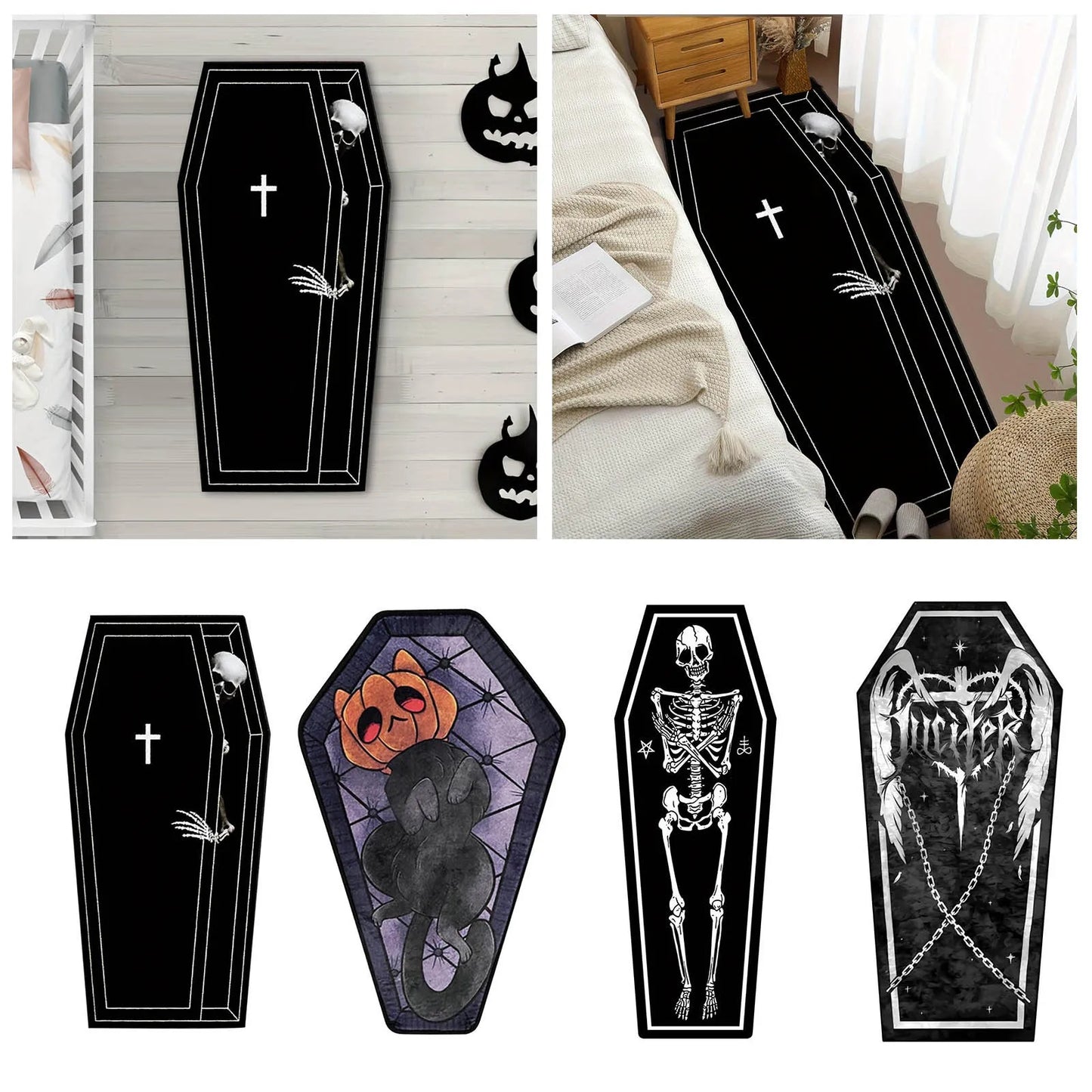 Gothic Halloween Skull & Coffin Carpet – Washable Horror Floor Mat for Bedroom, Living Room & Entryway