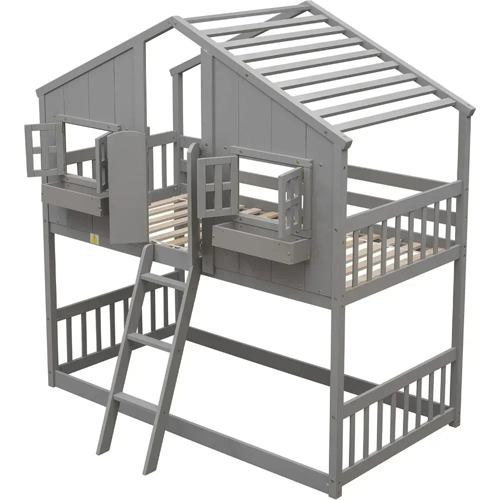 Twin Size House Bunk Bed Frame – Wooden Floor Bed Base with Roof, Window, Door & Flower Box – Playhouse Style Kids Bunk Bed