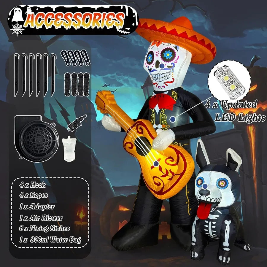 6 FT Halloween Inflatable Day of the Dead Decoration – Blow-Up Sugar Skull Guitar & Skeleton Dog for Yard or Garden