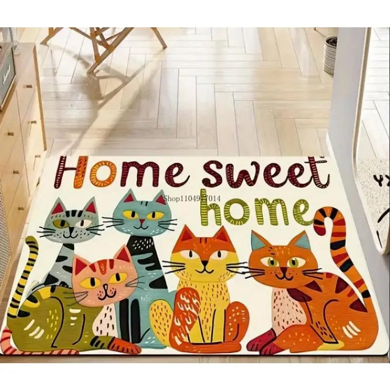 Hot-Selling Cartoon Cat Doormat – “Home is Sweet Home” Indoor/Outdoor Mat for Bathroom, Kitchen, Living Room, Bedroom & Patio