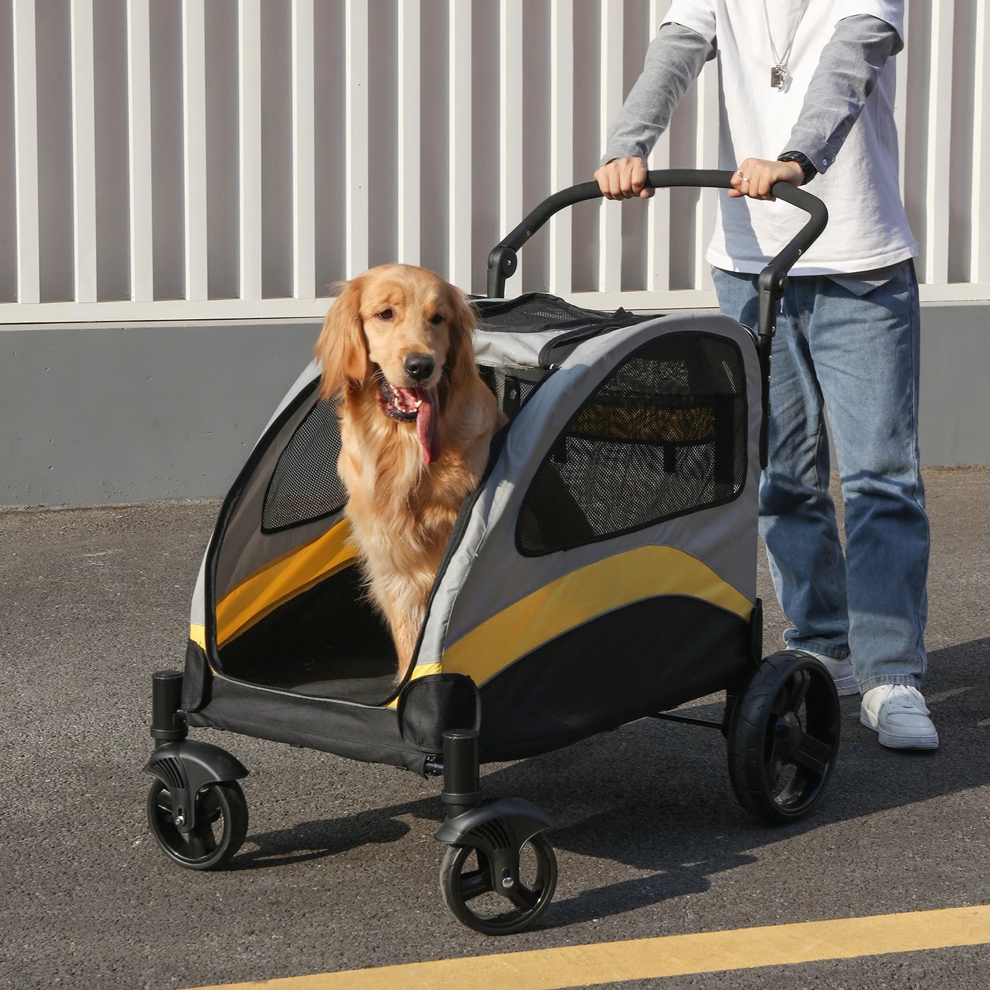 Ultra-Large 4-Wheel Dog Stroller – Foldable Pet Jogger Wagon for Travel & Outdoor Adventures – Heavy-Duty Trolley Holds Up to 55kg