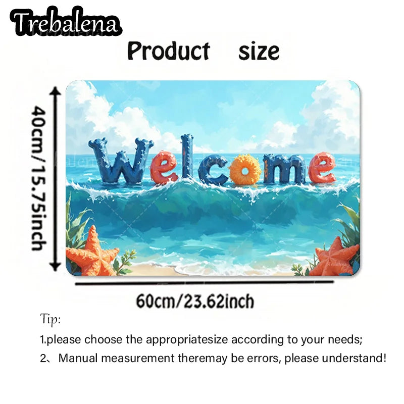 Beach Welcome Door Mat – Ocean Wave & Starfish Decorative Entryway Rug