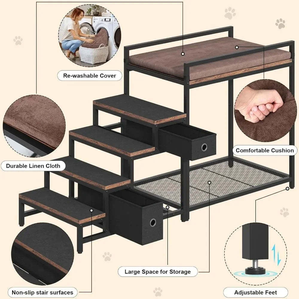 Pet Bunk Bed with Stairs & Storage – Multi-Level Elevated Dog & Cat Bed with Window Perch & Bedside Lounge