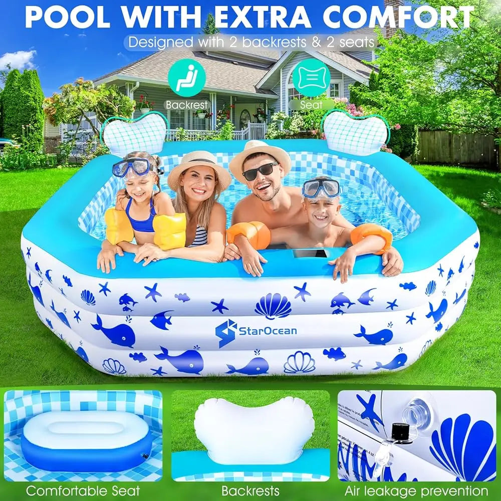 Inflatable Solar-Powered Swimming Pool with LED Lights & Remote Control – Large Blow-Up Pool for Kids & Adults