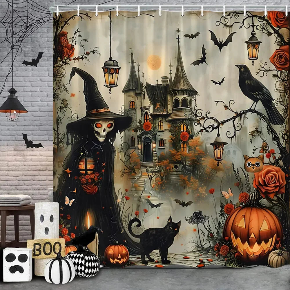 🦇 Spooky Halloween Skeleton & Crow Shower Curtain – Gothic Black Cat & Bat Design with Hooks
