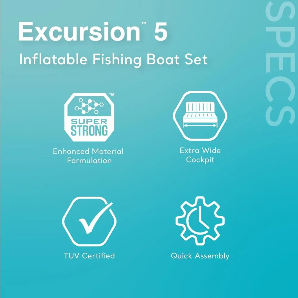 Excursion 5-Person Inflatable Boat Set – Includes 2 Aluminum Oars, High-Output Pump, 12V Transom Trolling Motor Mount Kit for Fishing & Recreation