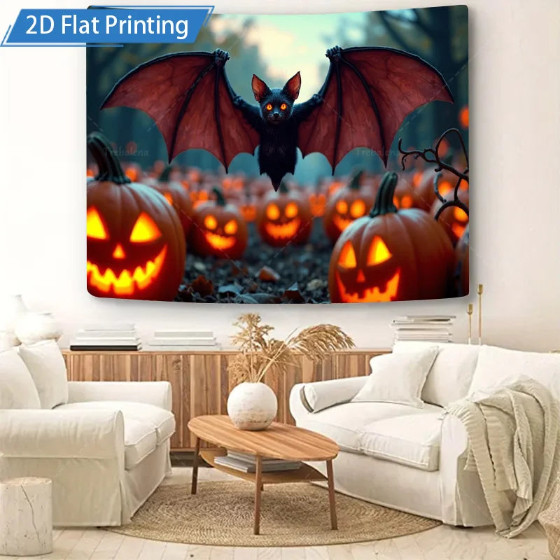 Halloween Wall Tapestry – Bat & Pumpkins Spooky Forest Scene, Seasonal Wall Hanging Décor for Home, Bedroom, or Party