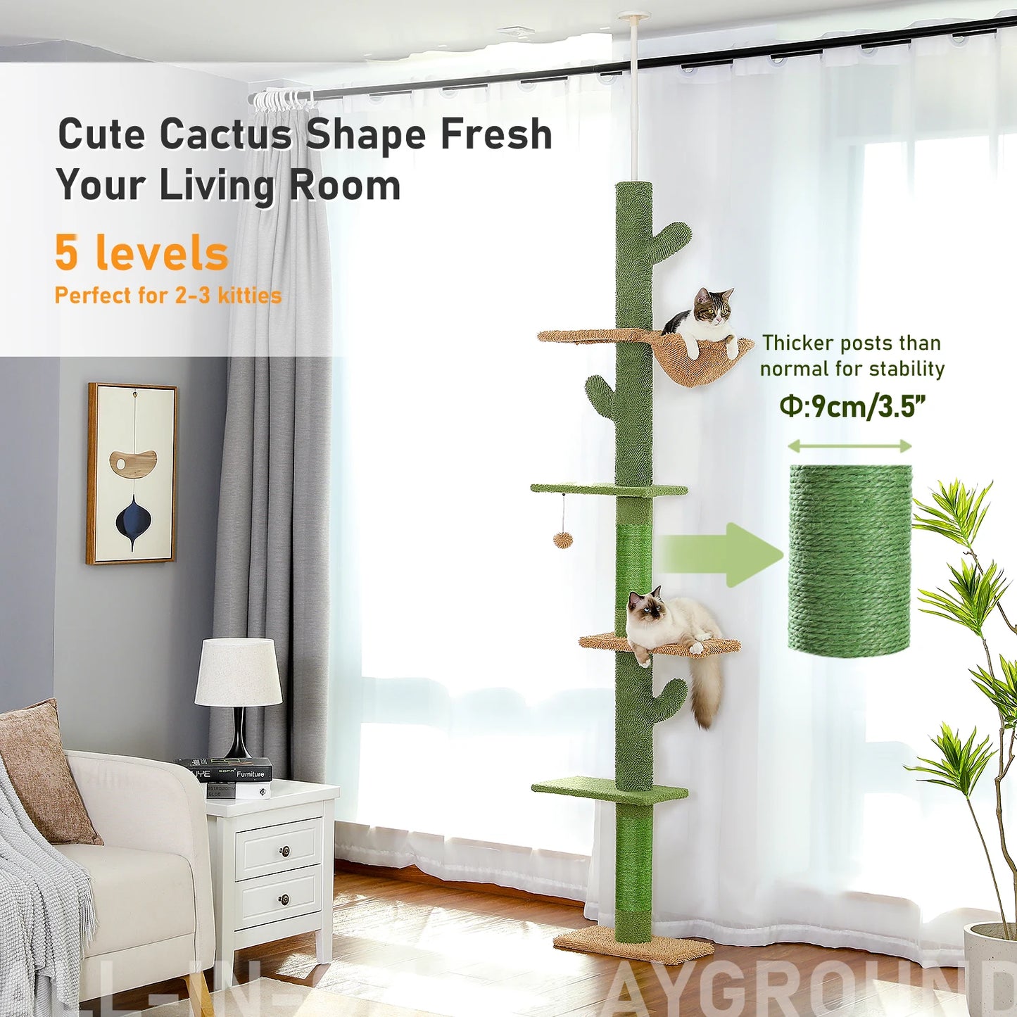 5-Tier Floor-to-Ceiling Cactus Cat Tree Tower – Tall Climbing Activity Center with Hammock, Scratching Posts & Dangling Ball for Indoor Cats
