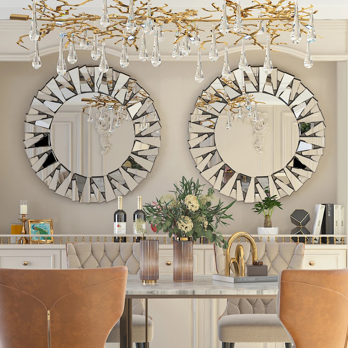 32" Silver Modern Round Sunburst Mirror with Beveled Accents – Elegant Wall Decor for Living Room, Bedroom, Entryway