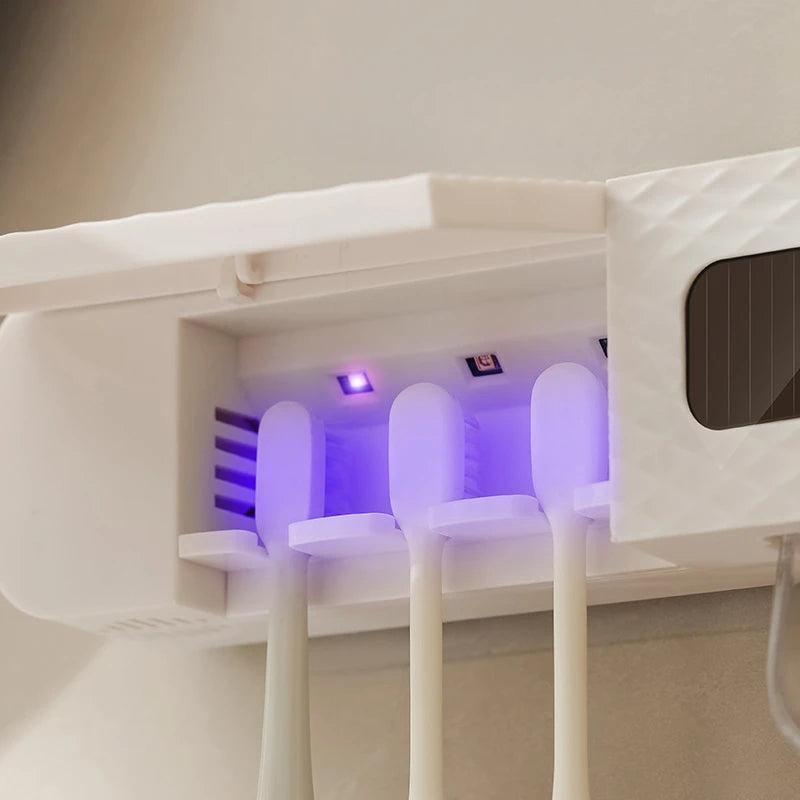 Smart Wall-Mounted Toothbrush Holder – 3-Slot Toothbrush Drying Rack with UV Sterilization & Toothpaste Dispenser