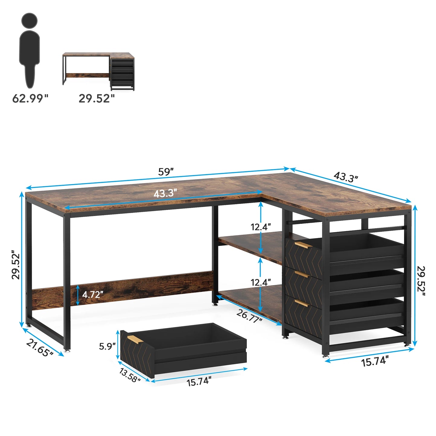Tribesigns 59" L-Shaped Computer Desk – Reversible Corner Desk with Storage Drawers & Shelves