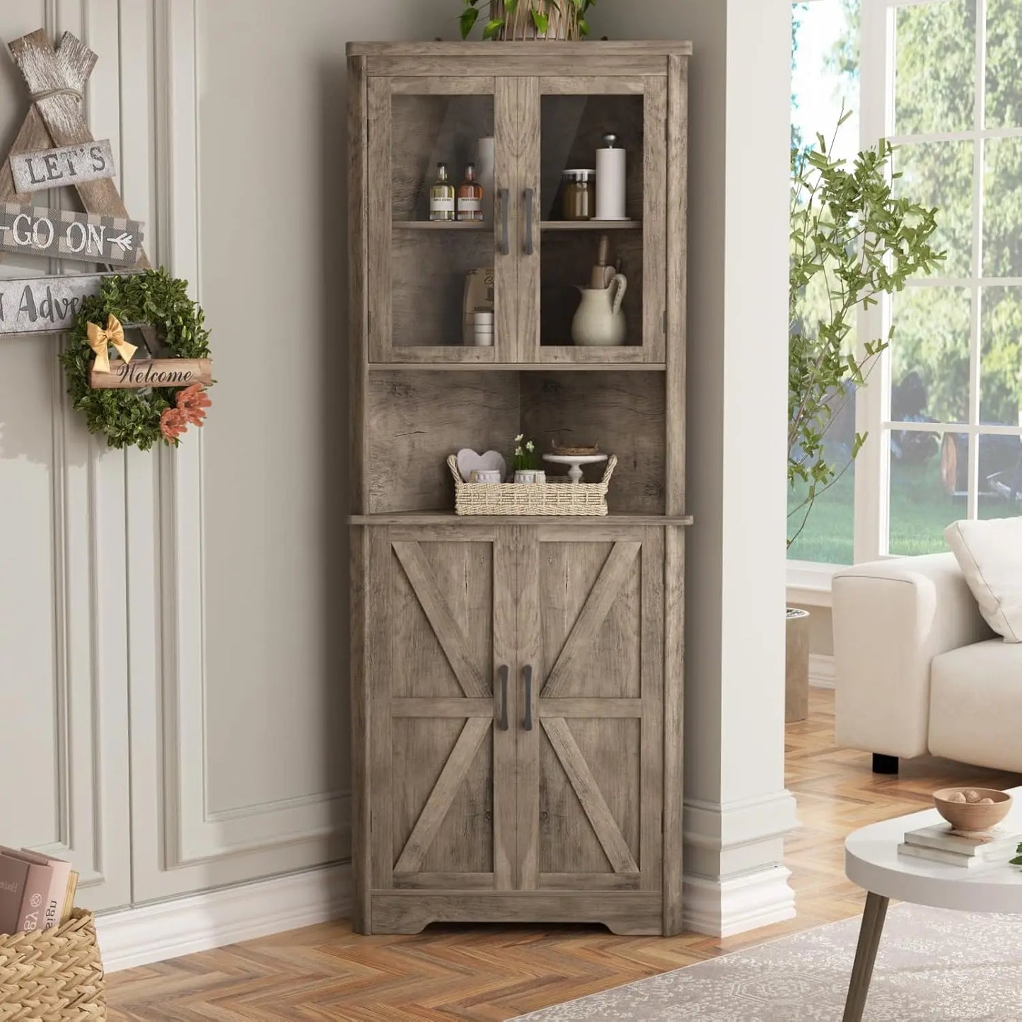 Vabches 67" Tall Corner Cabinet – 5-Tier Farmhouse Storage Cabinet with Doors & Adjustable Shelves for Living Room