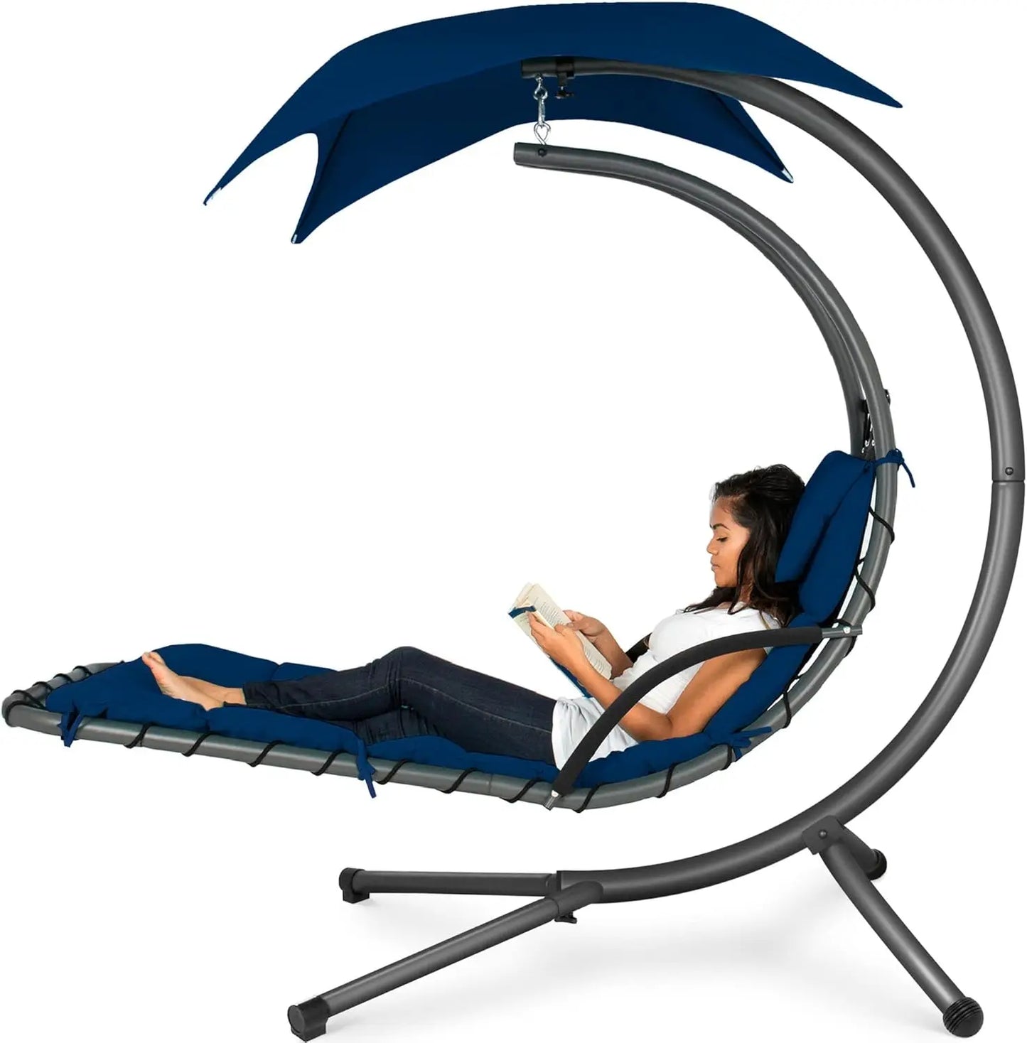 Outdoor Hanging Curved Steel Chaise Lounge Chair Swing w/Built-in Pillow and Removable Canopy