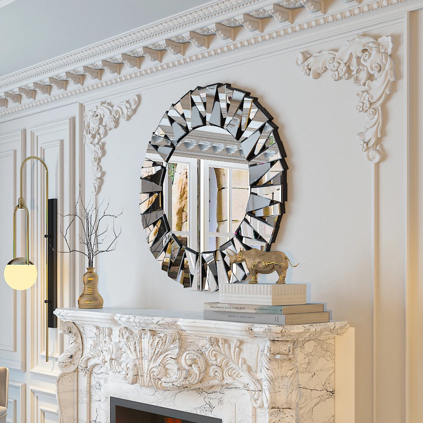 32" Silver Modern Round Sunburst Mirror with Beveled Accents – Elegant Wall Decor for Living Room, Bedroom, Entryway
