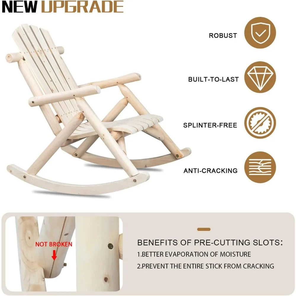 Wooden Rocking Chair Set of 2 – Fir Log Adirondack Rockers, Outdoor Wood Lounge Chairs for Garden, Patio & Backyard