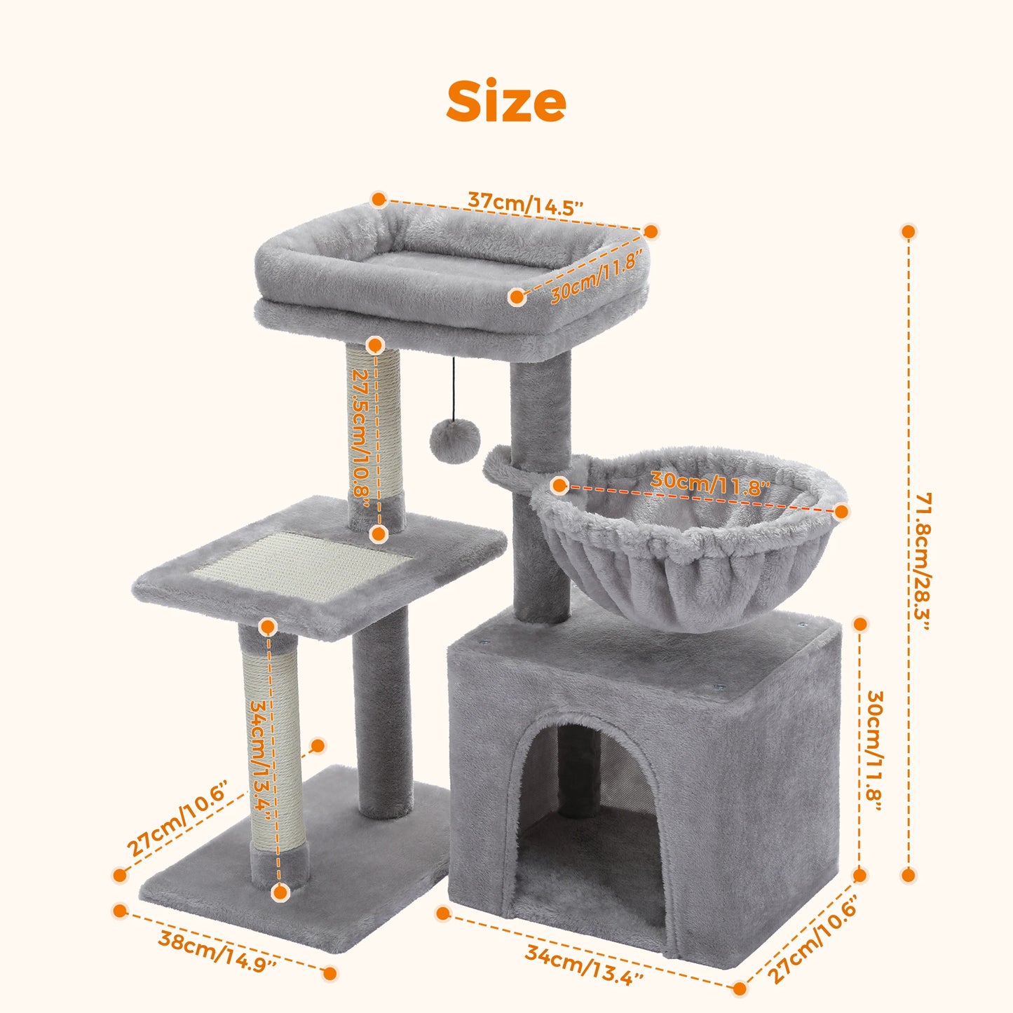 CozyCat™ 2-in-1 Cat Tree Tower – Indoor Cat Activity Center with Scratching Posts, Big Hammock & Removable Top Perch (Grey)