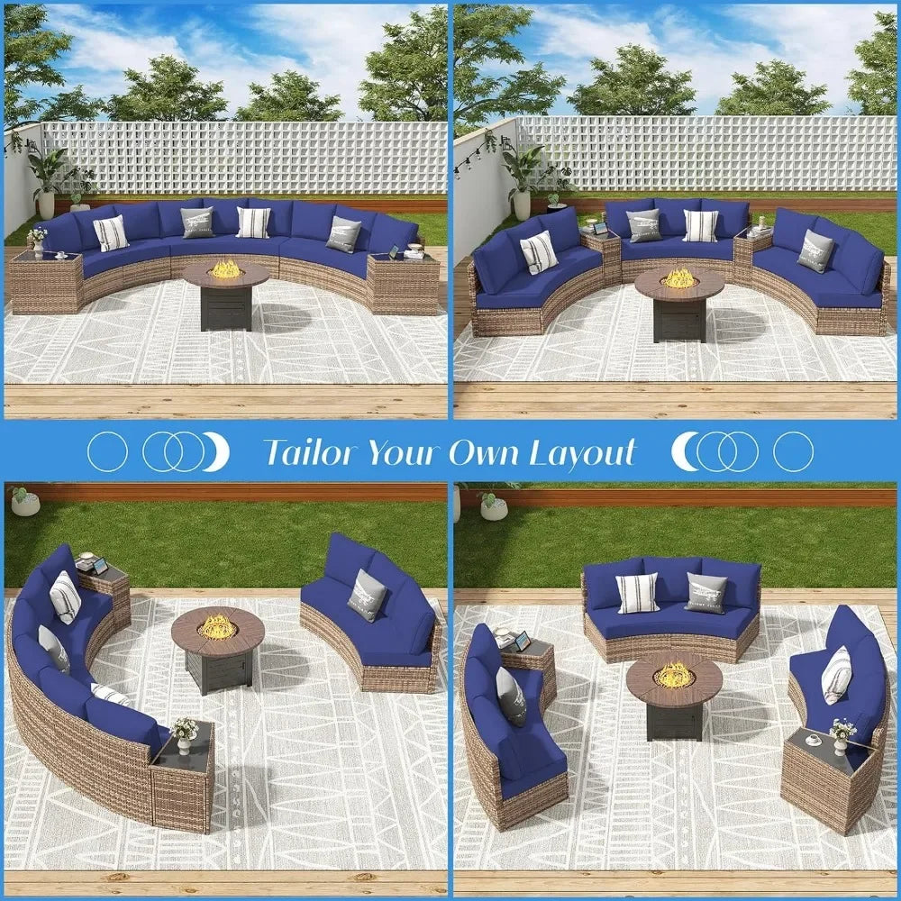 3-Piece Half-Moon Sectional Round Sofa Set with Cushions & Storage Wedge Table – Outdoor Patio Furniture for Garden, Poolside, Balcony & Backyard