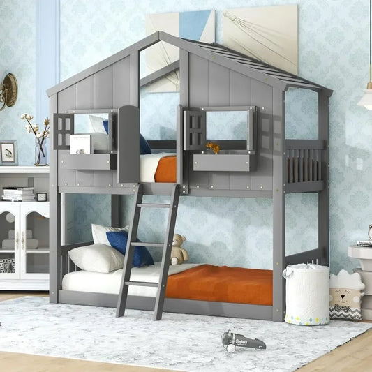 Twin Size House Bunk Bed Frame – Wooden Floor Bed Base with Roof, Window, Door & Flower Box – Playhouse Style Kids Bunk Bed