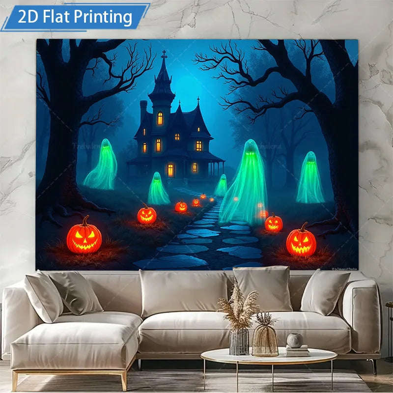 Halloween Wall Tapestry – Spooky Haunted House with Ghosts & Pumpkins, Seasonal Wall Hanging Décor for Home, Bedroom, or Party