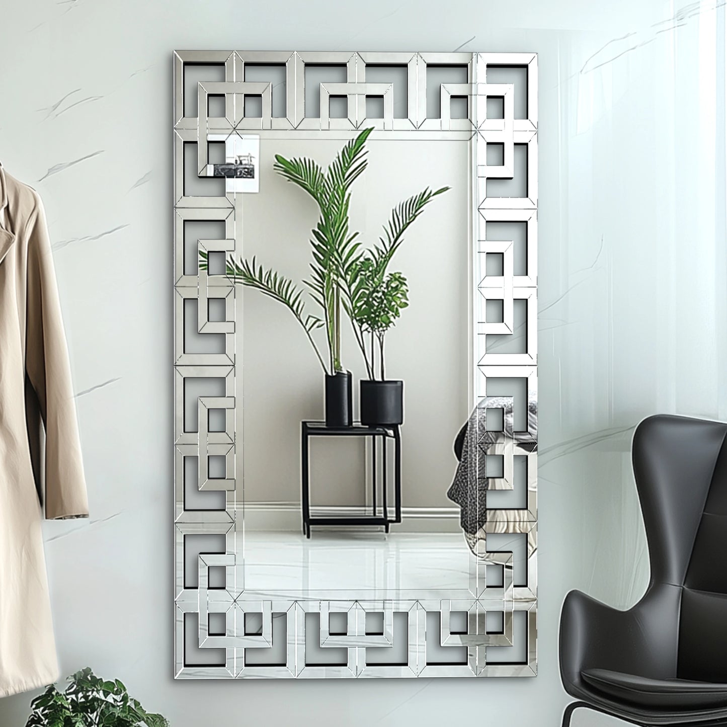 Luxury Silver Geometric Wall Mirror – Rectangular Beveled Glass Accent Mirror for Living Room, Bedroom, or Entryway