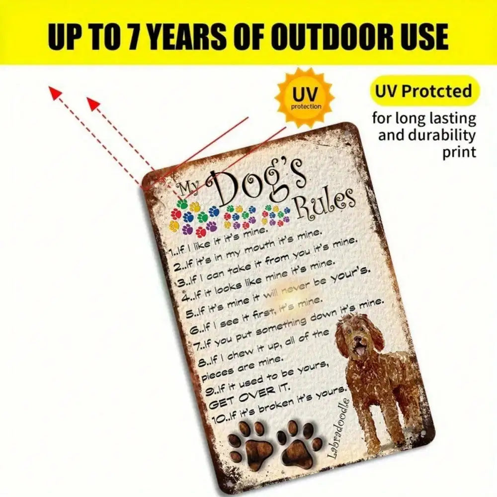 Dog’s Rules Tin Sign – Cute Pet Quote Wall Décor for Home or Pet Room (8×12 Inches / 20×30 cm)