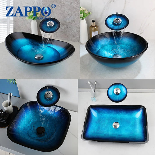 ZAPPO Blue Tempered Glass Bathroom Vessel Sink with Waterfall Black Faucet – Oval Above-Counter Basin Set
