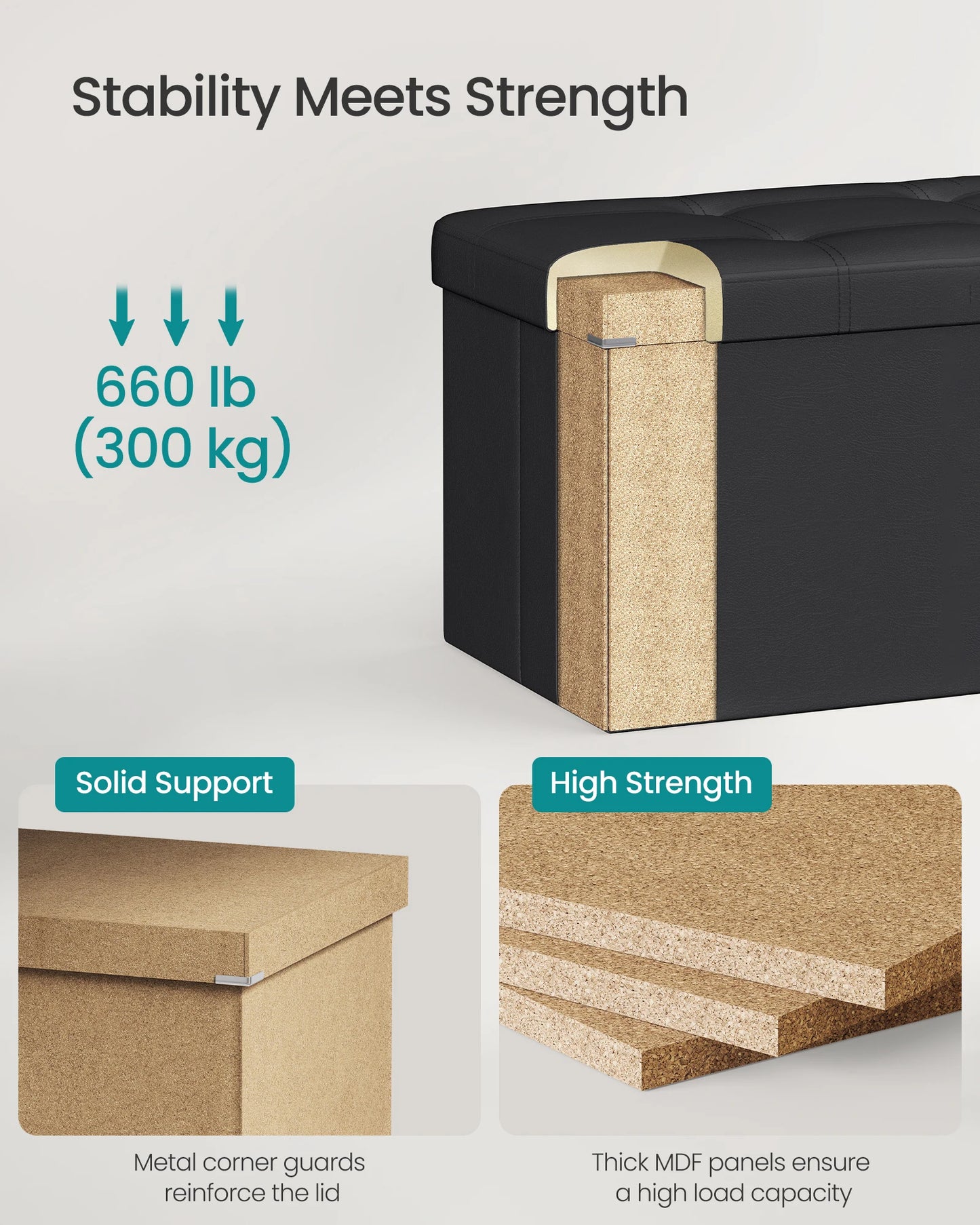 SONGMICS 43” Folding Storage Ottoman Bench – Versatile Storage Chest, Footrest & Coffee Table