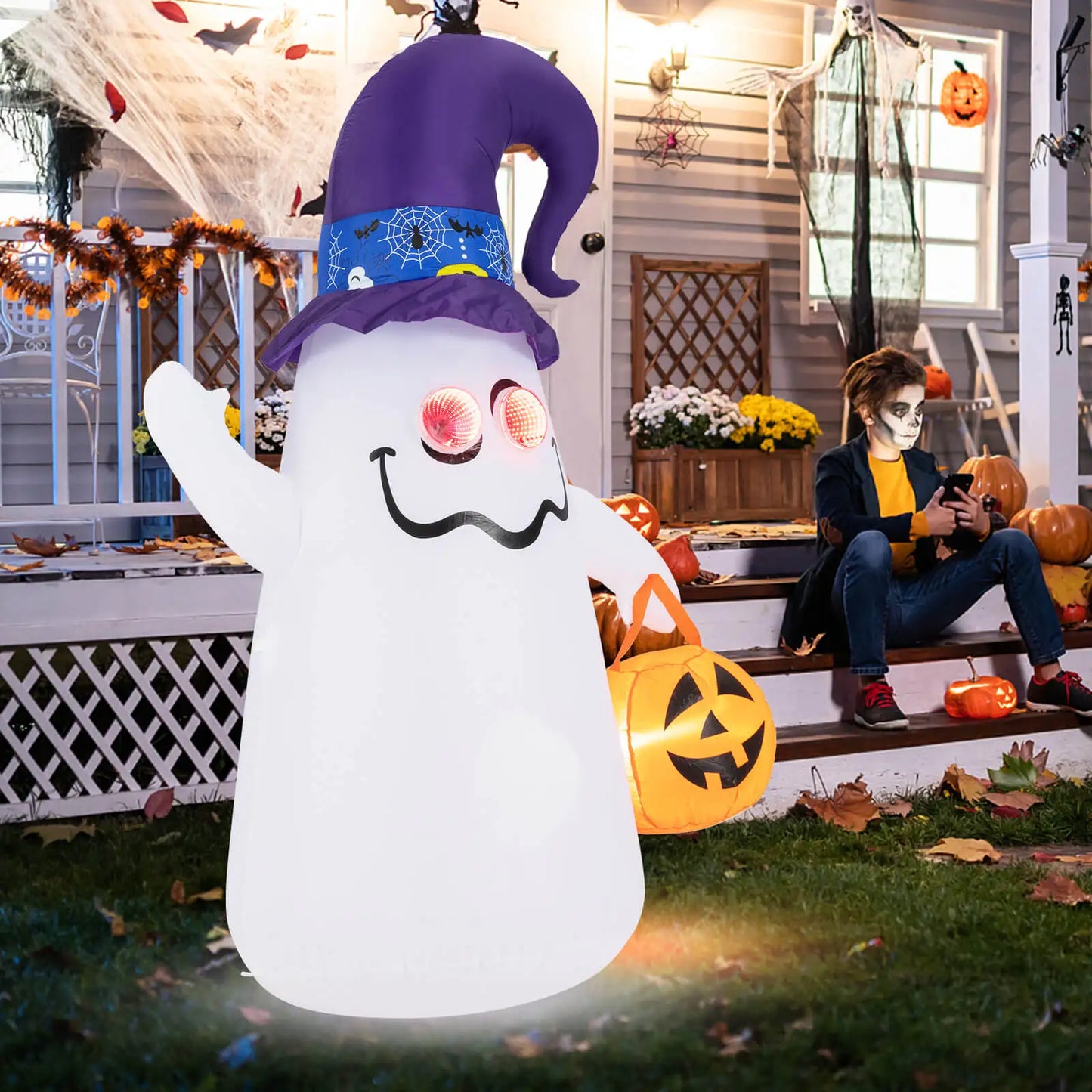 6 Ft Halloween Inflatable – Cute Ghost with Jack-O’-Lantern & Witch Hat, Airblown Yard Decor