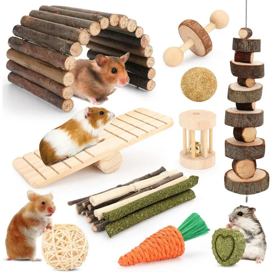 12-Piece Hamster Cage Accessories Set – Natural Wooden Chew Toys, Seesaw, Hideout, Climbing Toys for Guinea Pigs, Chinchillas, Gerbils, Mice, Rats, Rabbits & Bunnies