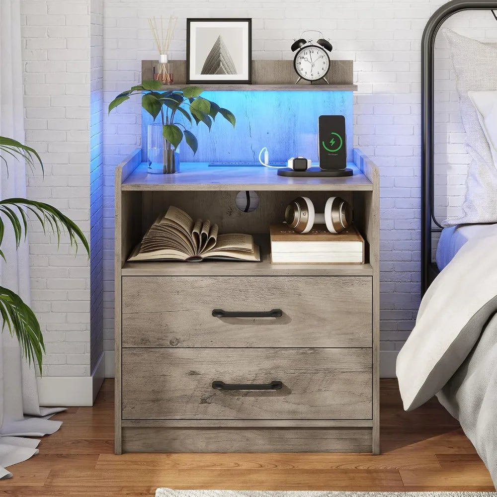Set of 2 Nightstands with LED Lights & Charging Station – Modern Bedside Tables with Drawers, USB Ports & Open Storage