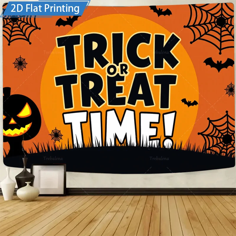 Halloween Wall Tapestry – Spooky Blood Moon Rising with Pumpkin & Bat Design, Gothic Holiday Décor for Home, Bedroom, or Party