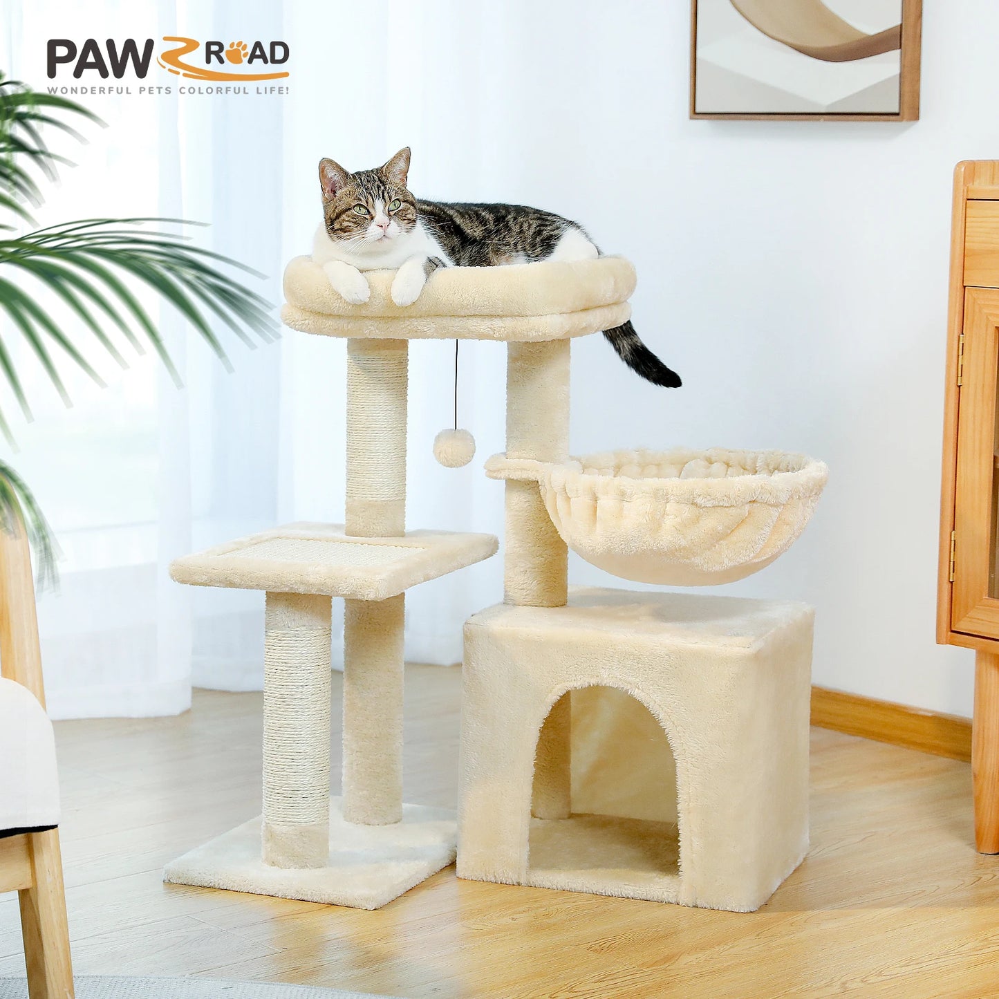 CozyCat™ 2-in-1 Cat Tree Tower – Indoor Cat Activity Center with Scratching Posts, Big Hammock & Removable Top Perch (Grey)