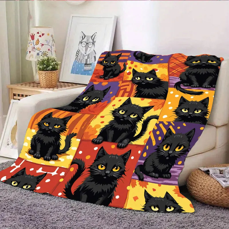 1pc Flannel Blanket Cozy Halloween Black Cat Blanket with Autumn Leaves Pattern for Home Decor