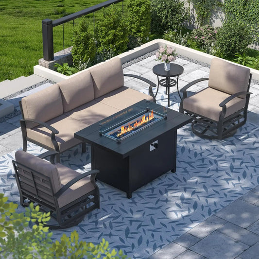 Aluminum Patio Furniture Set with Fire Pit Table – Swivel Chair Metal Sectional Sofa with Upgraded Cushions for Outdoor Patio, Deck, or Backyard