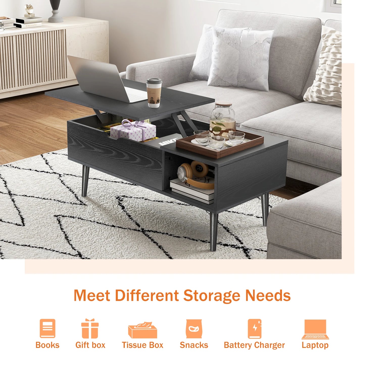 JHK Lift Top Coffee Table – 39.37"x19.7" Adjustable Wood Coffee Table with Hidden Storage & Open Shelf – Easy Lift or Lower for Living Room, Work, or Dining